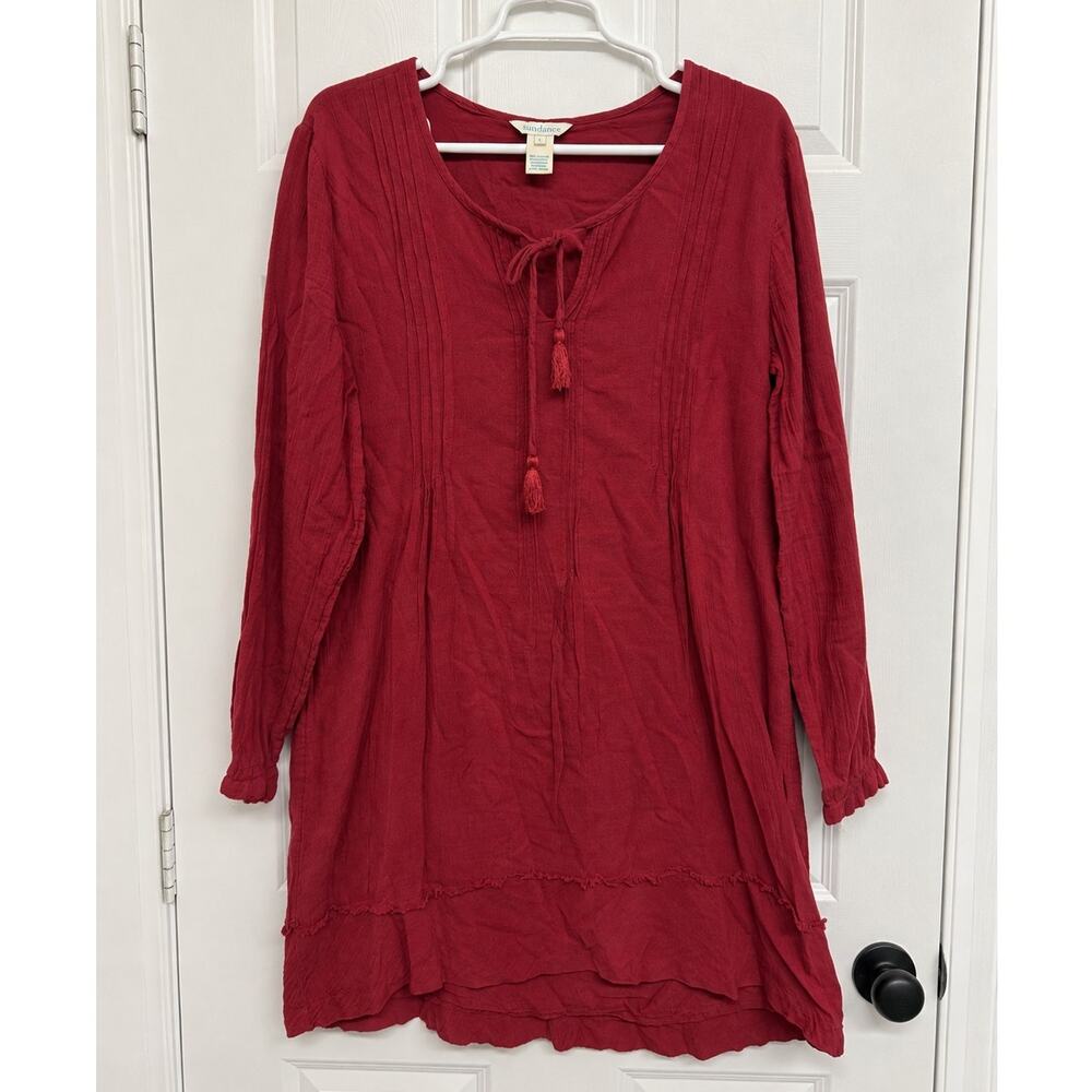 Sundance Red Cotton Boho Tunic Dress Medium Tassel Tie Pintuck Long Sleeve